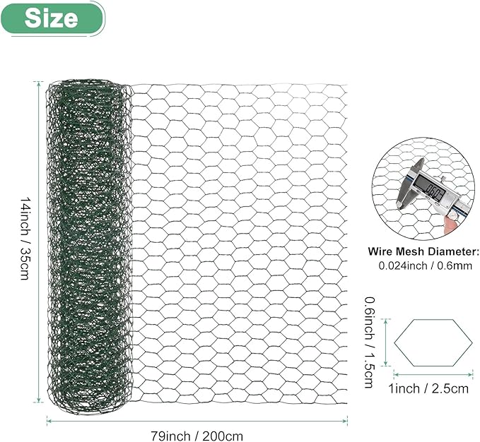 Chicken Wire for Floral Arrangements, 14 x 79 in Galvanized Iron Hexagonal PVC Coated for Crafts/Poultry/Garden, Chicken Wire Netting Fence Mesh [Green]