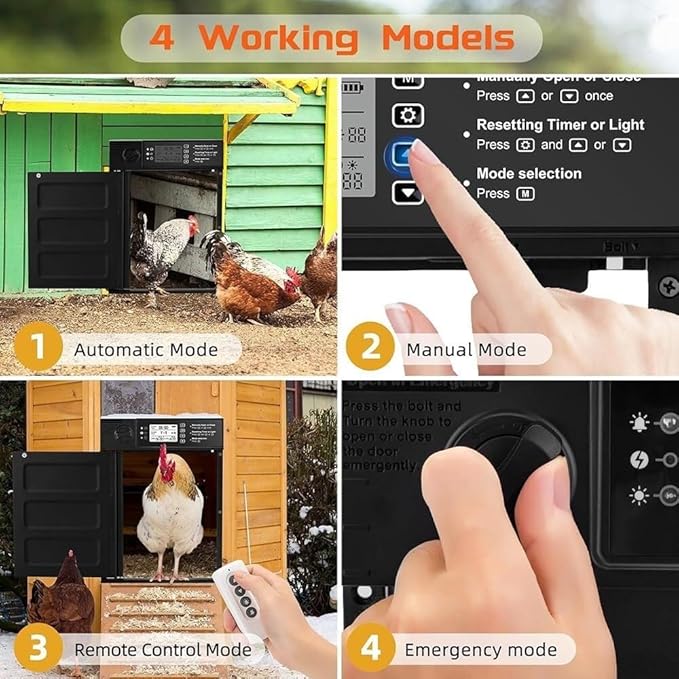 Automatic Chicken Coop Door Solar Powered with Timer,Solar Timer Chicken House Door,LCD Display Chicken Door with Light Sensor,4 Modes,Abnormal Alarm