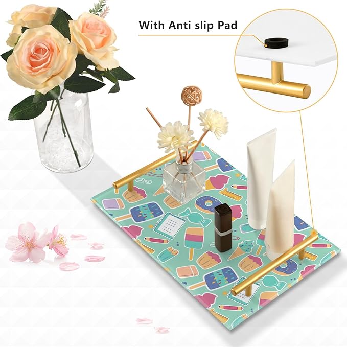 Bathroom Vanity Tray Counter Organizer, Stationery and Sweets Pattern Decorative Tray with Handles Countertop Storage for Bathroom Bedroom Kitchen Home Farmhouse