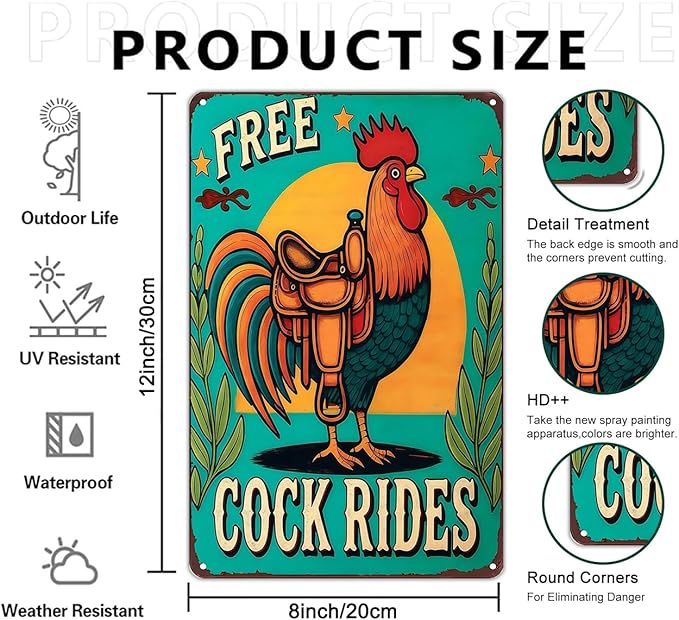 Funnysign Vintage Free Cock Rides Chicken Tin Sign for Chicken Coop Farm Kitchen Garden Yard Decor 8x12 inch (3939)
