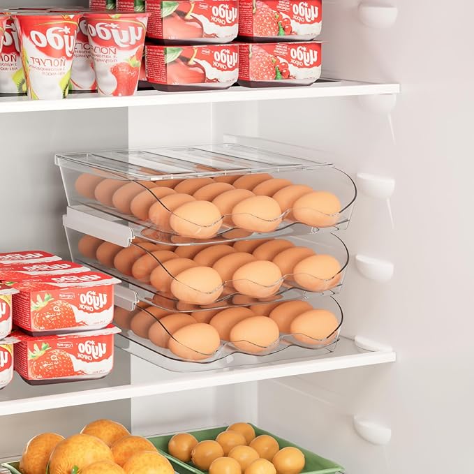 Proarea Egg Holder for Fridge, Stackable Rolling Egg Organizer for Refrigerator, Clear Egg Storage Container with Lid, Auto Rolling Egg Dispenser, Holds 36 Eggs, 18 Eggs per Tray