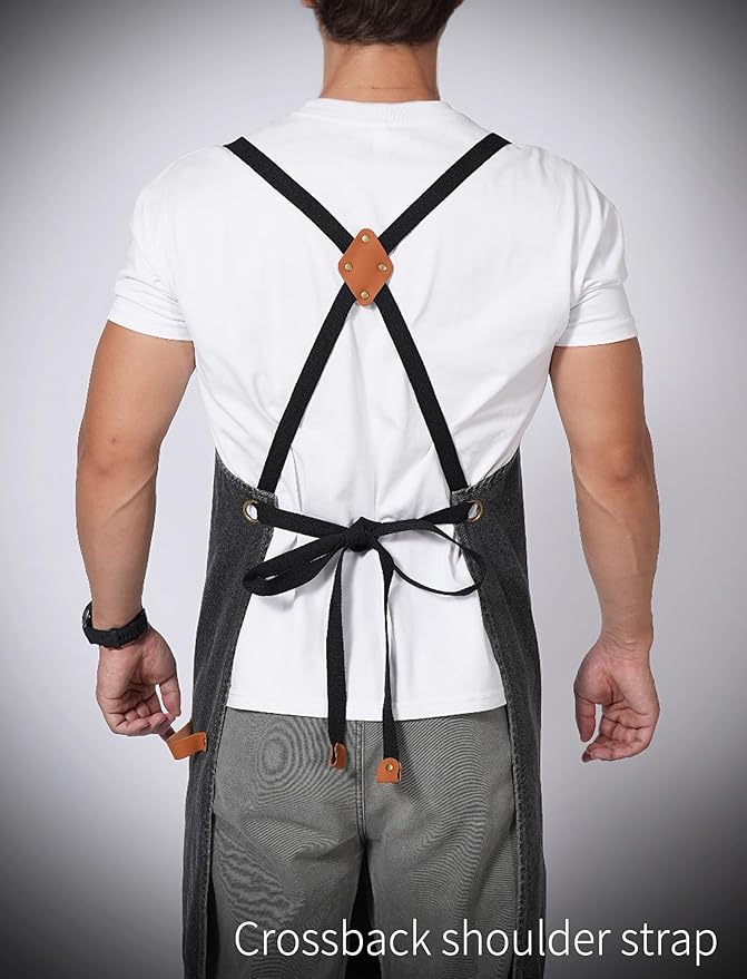 Denim Bbq Apron for Men Women with Pockets Adjustable Cross Back Chef Aprons for Kitchen Cooking Grilling Working