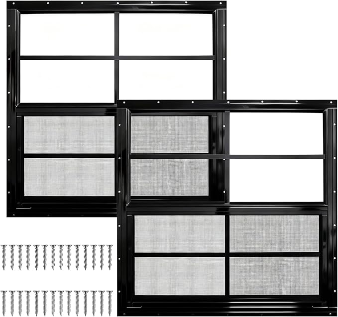Yuzzy Shed Windows 2 Pack, Chicken Coop Windows 36" x 36" with Tempered Glass and Fiberglass Screen, Flush Mounted Small Window for Shed, Barns, Playhouse, Household, Garage (Black)