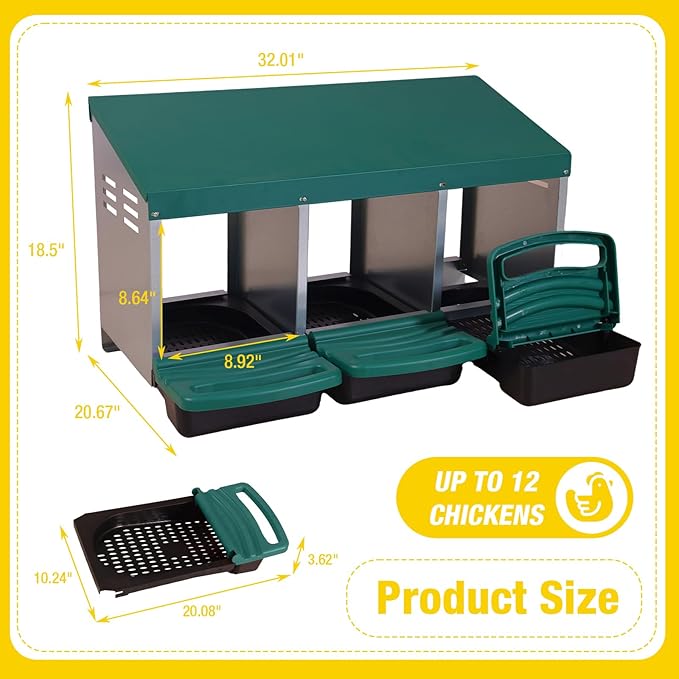 Aivituvin Chicken Nesting Box, 3 Compartments Chicken Egg Laying Box, Metal Nesting Boxes with Swing Perch for Chickens, Roll Away Egg Collection for Chicken Coop (Green)