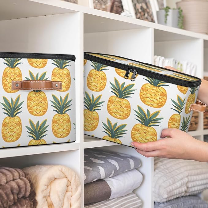 Yellow Pineapple Storage Bins With Lids Fabric Collapsible Storage Box with Leather Handles for Home Bedroom Foldable Closet Shelf Organizer