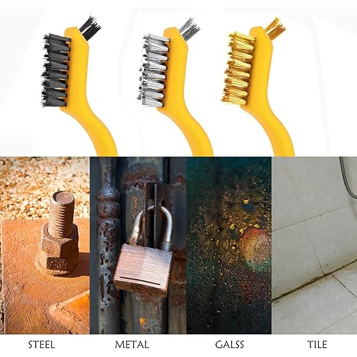 Wire Brush Set 3Pcs, Nylon/Brass/Stainless Steel Bristles with Curved Handle Grip for Cleaning with Curved Handle Grip for Rust Removal, Dirt, Paint Scrubbing Yellow