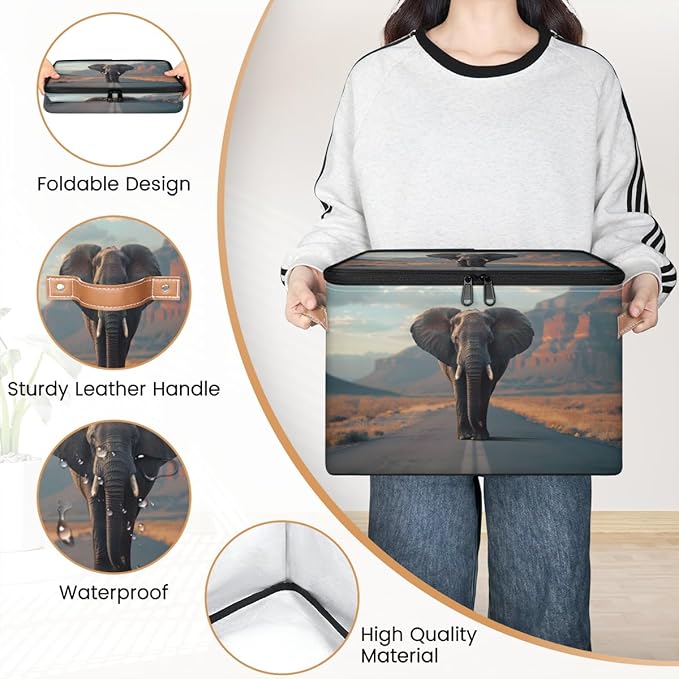 Elephant Storage Bins With Lids Fabric Collapsible Storage Box with Leather Handles for Home Bedroom Foldable Closet Shelf Organizer