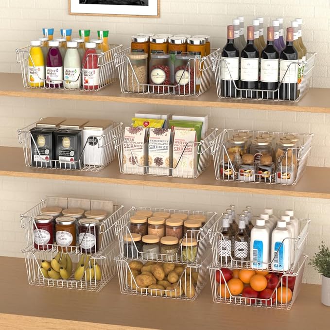 Slideep 14" Large Stackable Storage Baskets, Cabinet Organizer Sturdy Metal Wire Pantry Freezer Bin for Pantry Home Bathroom Kitchen Organization - Set of 8