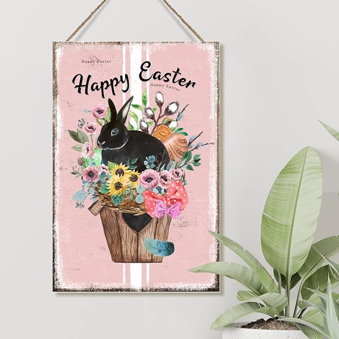 Happy Easter Flower Basket Bunny Home Wall Art Plaques French Style Floral Pink Stripes Wall Art Decor Sign Spring Farmhouse Decor Easter Bunny Wall Decor Sign for Bedroom 8x12in