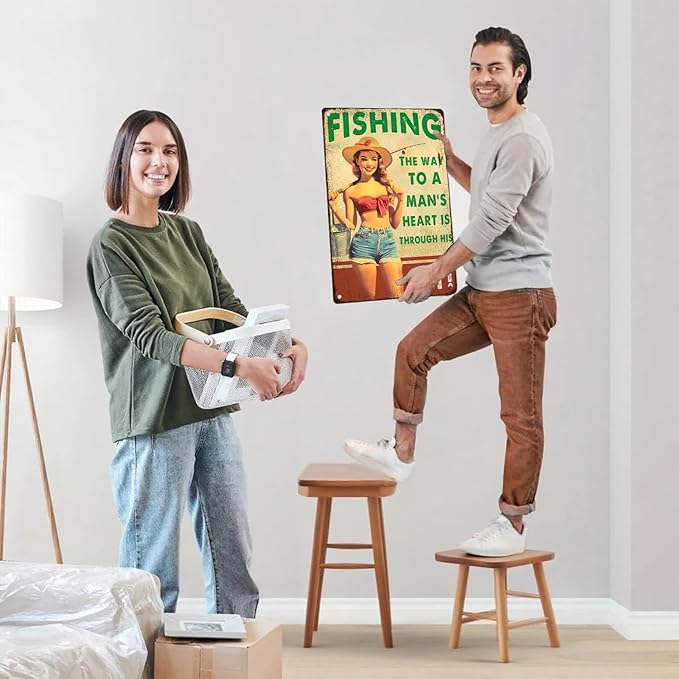 Pin Up Girl Fishing Metal Tin Sign The Way to A Man's Heart Through His Fly Vintage Sign for Wall Art Decor for Home Angler Wall Decor Cafes Lake House Seascape Decor 8X12Inch