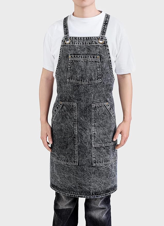 Cotton Denim Apron Soft - Unisex Adjustable Bib Apron with 5-Pockets Perfect for Kitchens