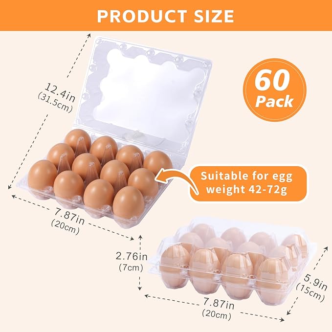 60 Pack 3x4 Clear Plastic Egg Cartons Cheap Bulk 12 Count, Reusable & Sturdy Design Eggs Carton Bulk Perfect for Family, Farm, Markets, Display (Egg Storage Containers)