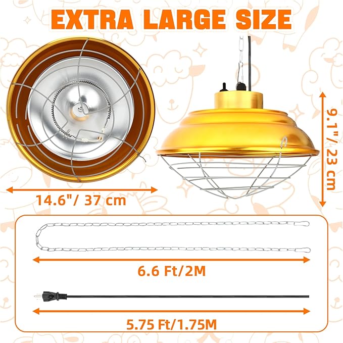 FHTONGE Waterproof Explosionproof Chicken Coop Heater Lamp, 300W/600W Adjustable Hanging Aluminum Livestock Heat Lamp, Halogen Heated Light for Reptile Poultry Brooder Outdoor Rabbit Dog Whelping Box