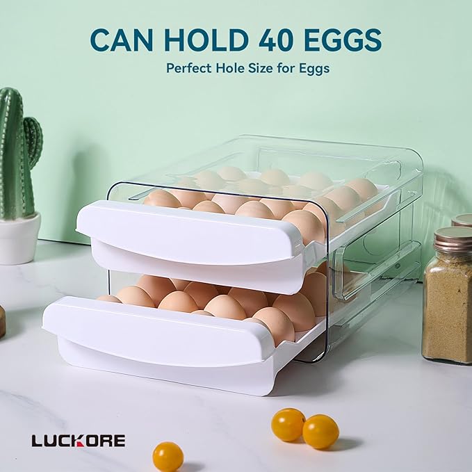 Egg Container Holders Dispenser for Refrigerator 40 Eggs, 2 Tier Clear Stackable Holder Tray with Drawer for Fridge, Storage Container with Handles for Refrigerator, Countertop