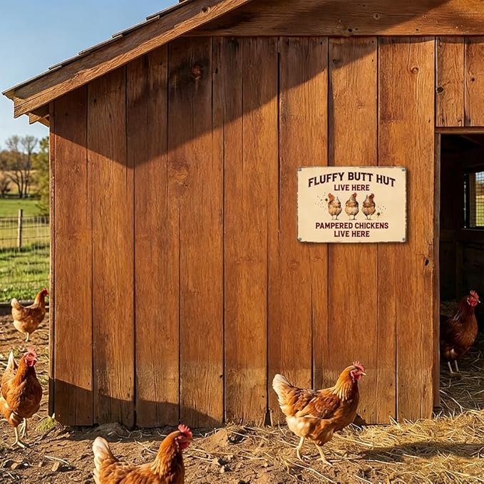 Funny Chicken Metal Sign Outdoor, Aluminum Farmhouse Wall Decor for Coop Door or Yard Area, Fluffy Humor Country Living Style, Rustic 8x12 Inch Gift