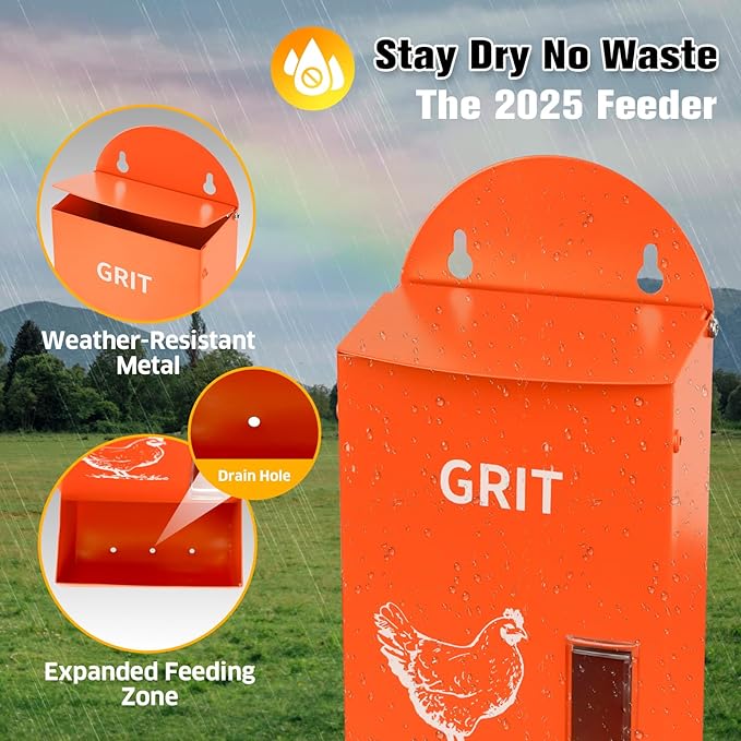 2Pack Automatic Chicken Grit & Oyster Shell Feeder with Rain Cover, Gravity-Fed Metal Poultry Feeder Trough for Coop, Outdoor Use