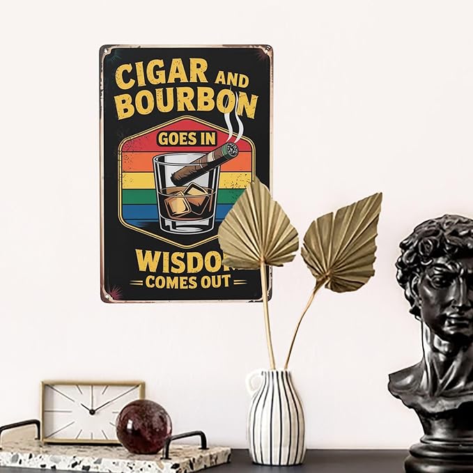 Novelty saying wall decor featuring Cigar And Whiskey Wisdom Comes Out Cigar Idea Metal Tin Sign Man Cave Bar Decor Perfect For Hanging In Lounge Office 8x12 inch metal sign for living room wall