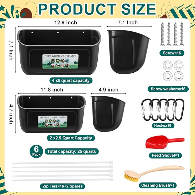 6 Pack Chicken Duck Feeder Waterer Hanging Goat Feeder Trough 2.5 and 5 Quart Livestock Feeding Trough with Scoop & Brush for Pig, Poultry, Fence Feeding, 25 Quart Total (Black)