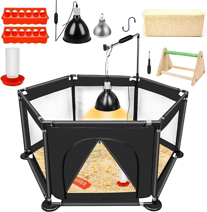 Chicks Brooder Box for Chicken Starter Kit- Includes Timing Heat Lamp Set, Detachable Chicken Brooder, Up to 15 Chicks, Sawdust, Chick Feeder and Waterer Set, Chick Perch 6-in-1 Chicken Coop Set