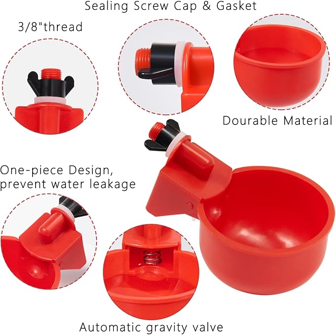 Chicken Waterer Cups 8 Pack Automatic Chicken Water Cups for Poultry LANARP Float Style Gravity Chicken Watering System, Water Feeder Kit, 5 Gallon with Mounting Hole Opener