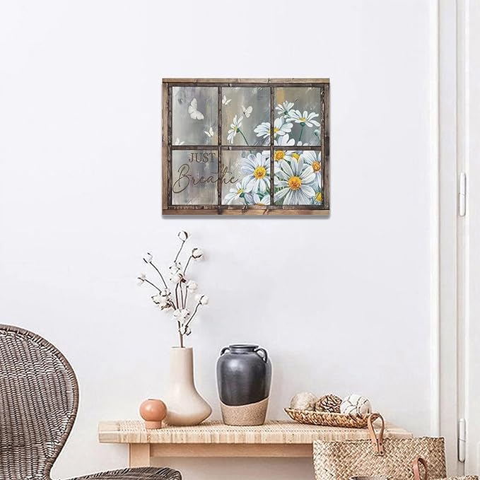 banonaty Daisy Wall Decor Rustic Flower Art Farmhouse Window Daisies Pictures Bathroom Country Butterfly Canvas Prints Just Breath Artwork Home Office Decoration For Kitchen Living Room 20''x16''