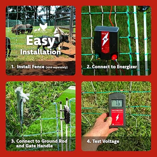 RentACoop Electric Poultry Netting Accessory Set - Includes - 0.6J Fence Charger, 3' Grounding Rod, Gate Handle Kit, and Voltmeter Fence Tester