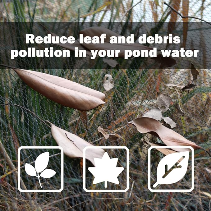 POYEE 15x20ft Pond Netting for Leaves Leaf Net Cover Pond Net with Small Fine Mesh Protecting Koi Fish from Birds Cats Stakes Included