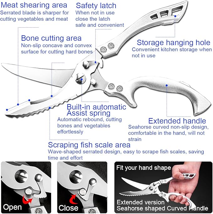ANDONG Upgrade Heavy Duty Stainless Steel Kitchen Scissors - Professional Poultry Shears for Bone, Meat, Chicken, Fish, Turkey, Vegetables,Spring Loaded Multipurpose Ultra Sharp Utility Scissors