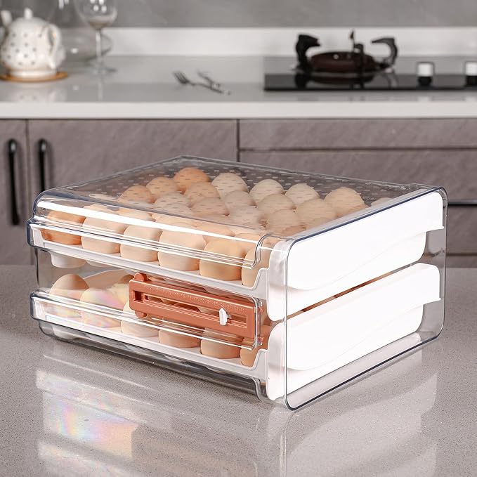 Sooyee 60 Capacity Egg Container for Refrigerator, Household Egg Holder for Fridge, Transparent 2 Drawers Chicken Egg Storage Container,White