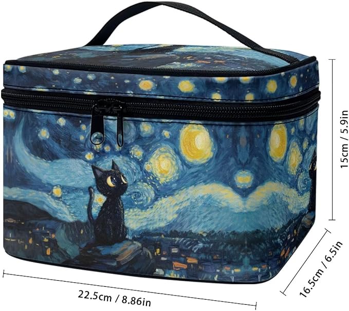 Black Cat Starry Night Print Travel Makeup Bags for Women Portable Tote Cosmetic Case with Carry Handle Toiletry Accessories Storage Organizer Bags