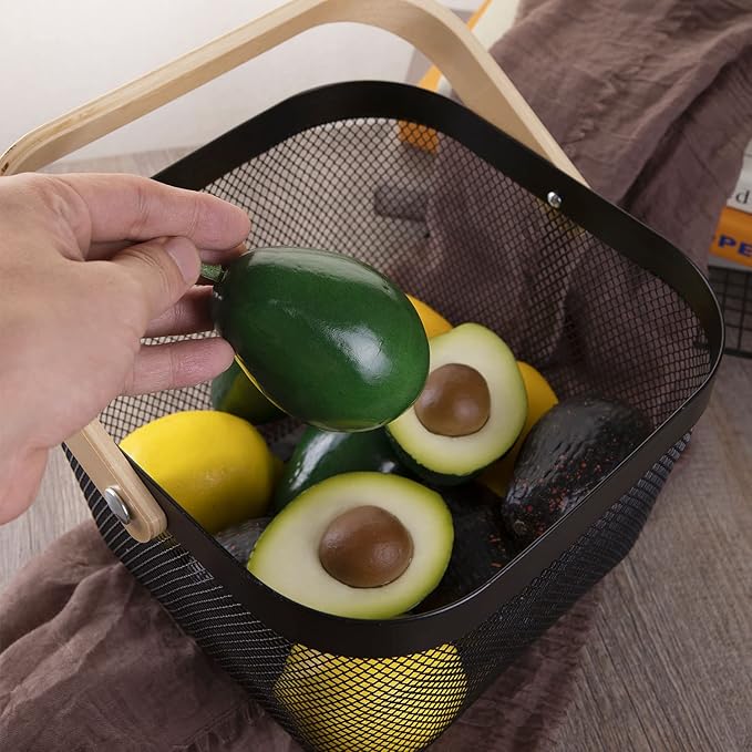 IBWell Square Metal Wire Woven Fruit Storage Bowl Basket with Wooden Handle, Large Black Mesh Fruit Stand, Multi-function Hanging Kitchen Baskets (Black, Normal 4PCS)