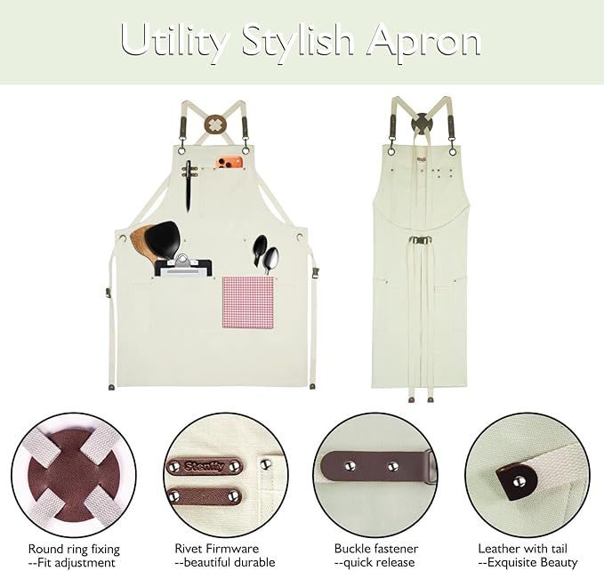 10 Pack Kitchen Aprons, Work Apron, Canvas, Multiple Pockets, Gardening, Painting, BBQ, Artist, Carpenter, Sizes M to XXL, White