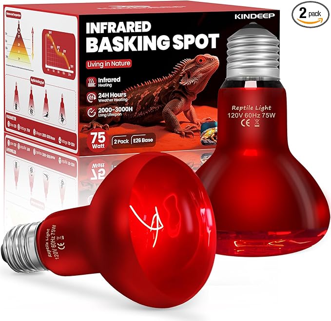 KINDEEP Infrared Heat Lamp Bulbs: 75W Reptile Heat Light 2 Pack - Red Basking Spot Light Bulbs Reptile Heating lamp for Lizard Bearded Dragon Turtle Snake Leopard Gecko Tortoise Chickens
