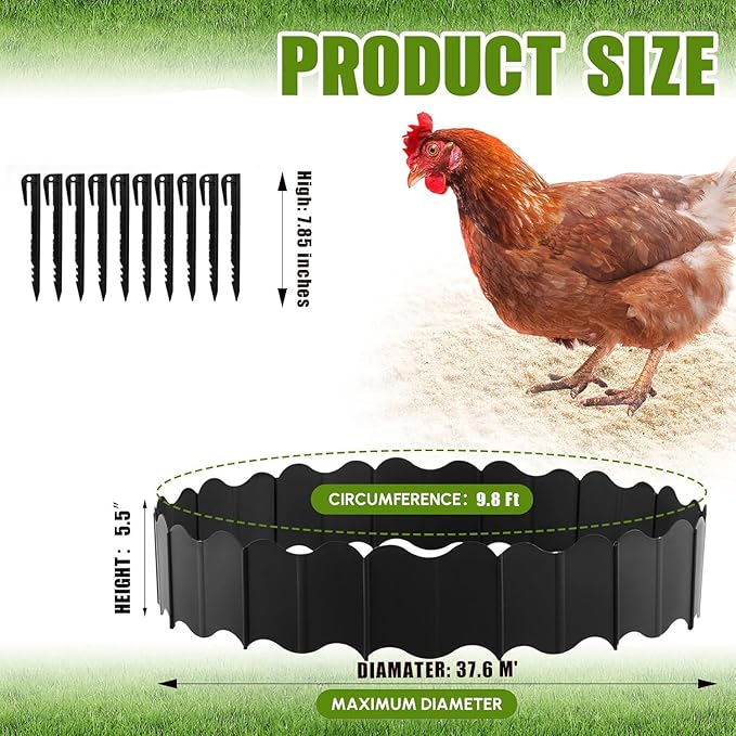 10 Ft Large Chicken Dust Bath Tub 37.5'' D * 5.5''H, Bottomless Design Round Adjustable Chicken Coop Cleaner Container Dust Bath for Essential Coop with 10 Pcs Stakes（7.85 in）, Black