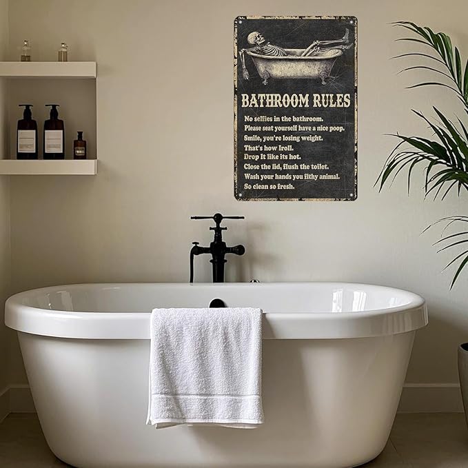 Funny Skull Bathroom Rules Metal Tin Sign Wall Decor - Vintage Bathroom Quote Tin Sign for Toilet Restroom Washroom Home Decor 12x8 Inch