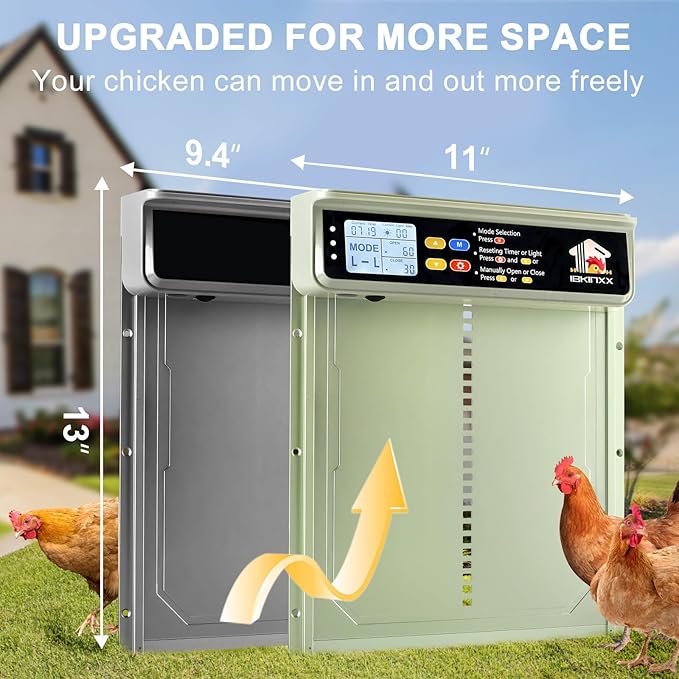 Automatic Chicken Coop Door Solar Powered with Timer, Light Sensor, Remote Control, LCD Display, Aluminum Alloy 4 Auto Modes Wide Chicken House Door, Green