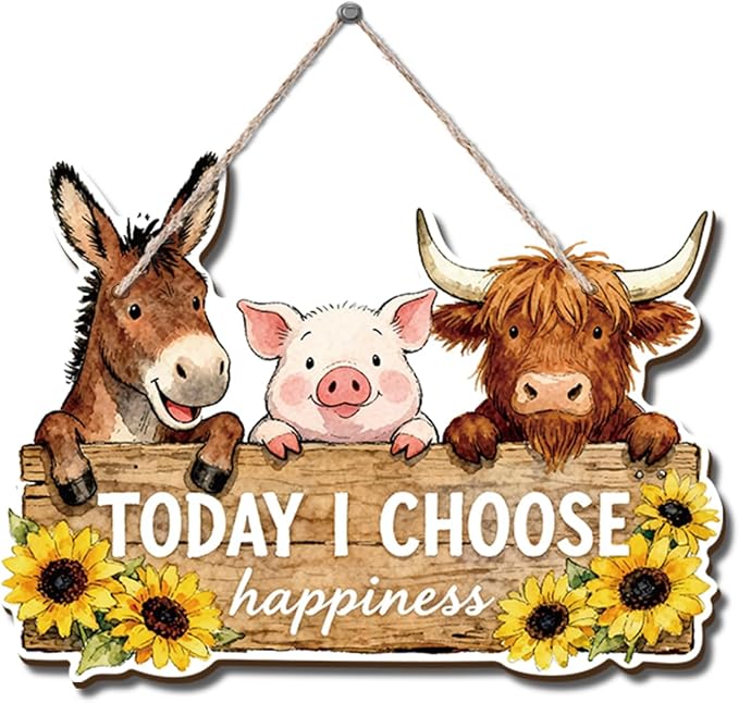 Farmhouse Decor Inspirational Wall Art, Animal-shaped wooden Decor, Today I Choose Happiness Hanging Plaque for Country Home, Suitable for Front Doors, Porches, And Rural Houses 11.8x8 Inches