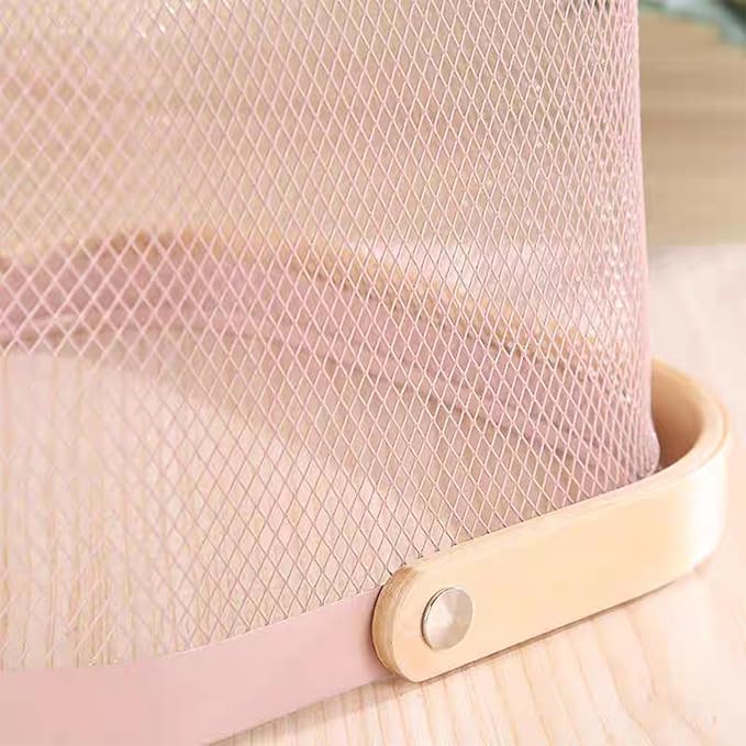 Metal Mesh Wire Basket, Small Steel Basket with Wooden Handle Storage Organizer Basket Multi-functional Hanging Kitchen Baskets Fruit Baskets for Kitchen Bathroom Cabinet Pantry Snacks, Pink