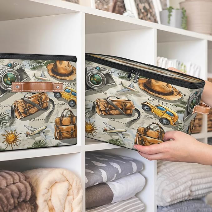 Storage Cubes with Lid Fabric Storage Bins Boxes PU Leather Handles, Cars Travel Closet Organizer Container Foldable Washable Shelf Cloth Basket, Tropical Palm Leaves