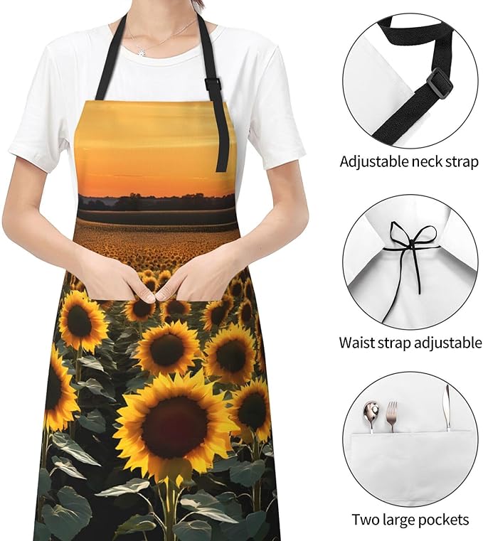 Farm Sunflowers Waterproof Apron For Adults With Two Large Pockets,Adjustable Neck And Waist Ties,Full-Length Bib Design-Polyester Fabric