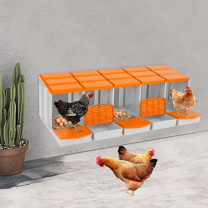 Chicken Nesting Boxes 5 Compartment PP Nesting Box with Inclined Nesting Boxes & Vented Holes Wall Mount Chicken Laying Boxes for Chicken Coop (Orange)