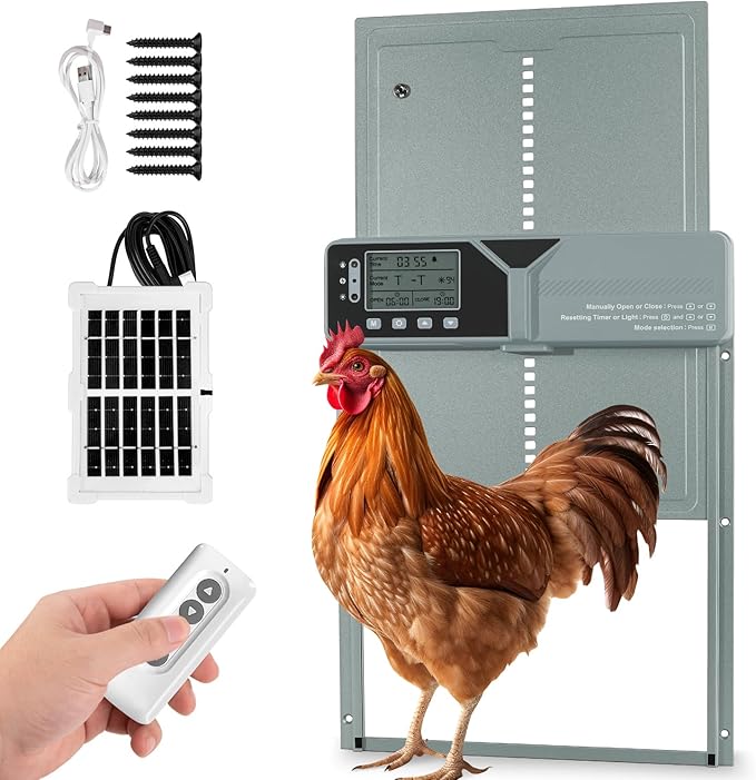 Large Automatic Chicken Coop Door, Solar Powered with Upgraded 4000mAh Battery, Light Sensor, Timer, Remote & Manual Control, Anti-Pinch Safety Auto Door for Chickens, Ducks & Geese, Grey