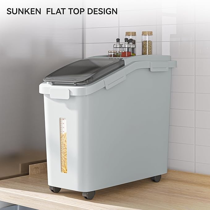 YITAHOME Ingredient Flour Storage Bin, Commercial 11.4-Gallon Flour Storage Container 280 Cups Rice Storage Bins with Wheels Shelf-storage Bin with Scoop and Lid, Rice Bin for Kitchen, Gray