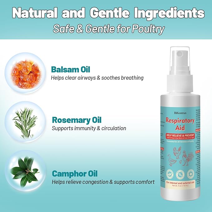 Respiratory Aid for Poultry, 4Oz Chicken Supplement, Safe for All Birds, Dropper and Spray Top Included, Drinking Water Additive, Natural Liquid Formula