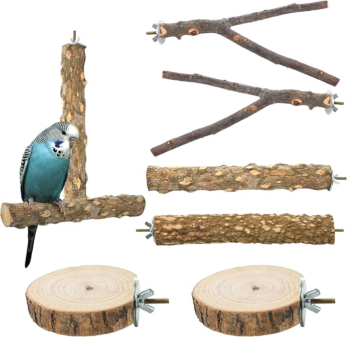 Bird Perch Stand, Pole Standing Natural Wood Bird Perch Set 7PCS Paw Grinding Fork Parrot Cage Branch with Rope Cage Accessories Toys for Parakeets, Cockatiels, Conure, Budgies (Brown 1)