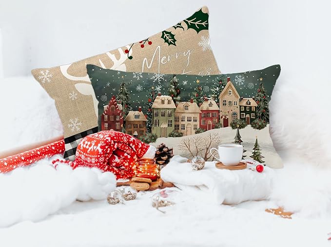 Christmas Lumbar Pillow Cover 12x20 Inch Green Wonderland Forest Tree House Decoration Holiday Farmhouse Pillow Case Decor for Home Sofa Couch