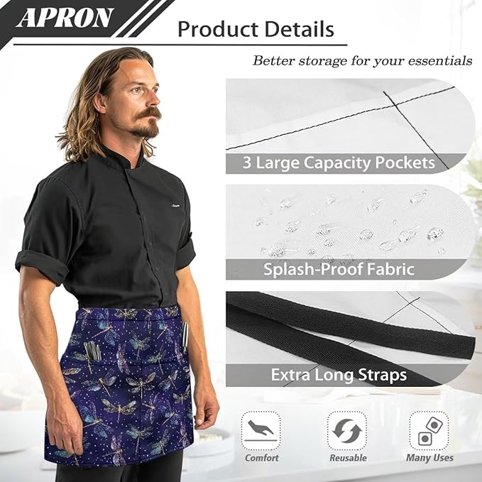 Waist Apron with 3 Pockets Waterproof 13 Inch Short Half Waist Aprons Women Men Server Aprons Waitress Waiter Apron