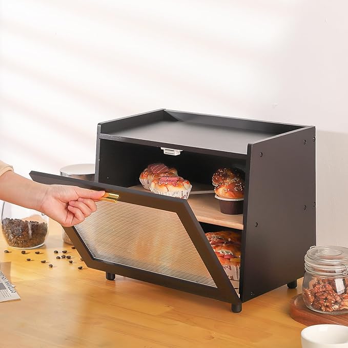 Garvee Double Layer Bread Box for Kitchen Countertop – Farmhouse Bread Storage Container with Window, Large Capacity Bamboo Bread Holder for Homemade Bread, Rolls & Muffins (Black & Gold)