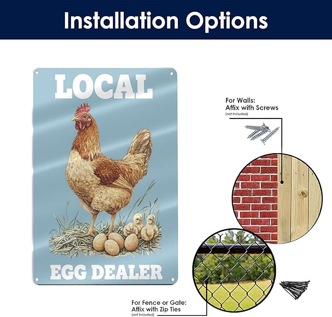 Local Egg Dealer Funny Chicken Coop Sign Farm Fresh Eggs Aluminum Sign Humorous Poultry Farm Decor Gift for Chicken Lovers Rustic Metal Sign 8x12 Inches Style-02