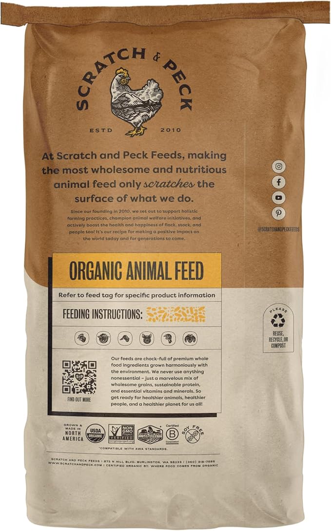 Scratch and Peck Cracked Corn Chicken, Duck and Livestock Supplemental Grain - 7.5% Protein, Certified Organic and Non-GMO Project Verified Chicken Food- 40 lbs Bag